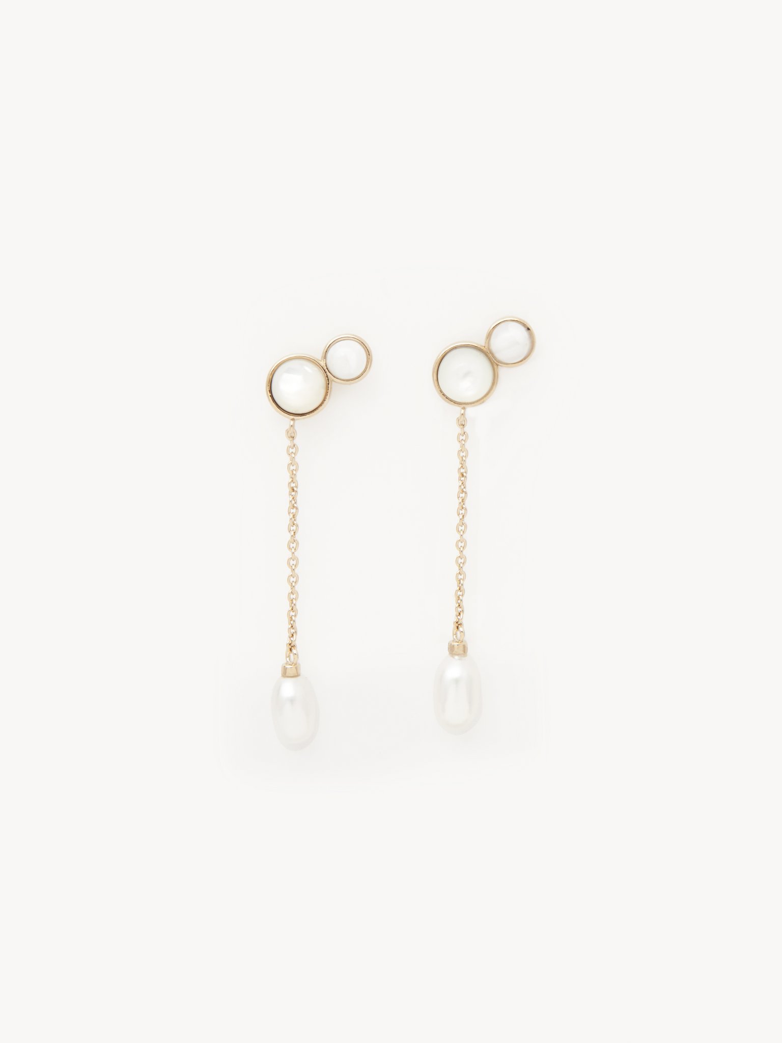 Darcey long earrings Brass, cultured freshwater pearls, white agate & mother-of-pearl
Gold