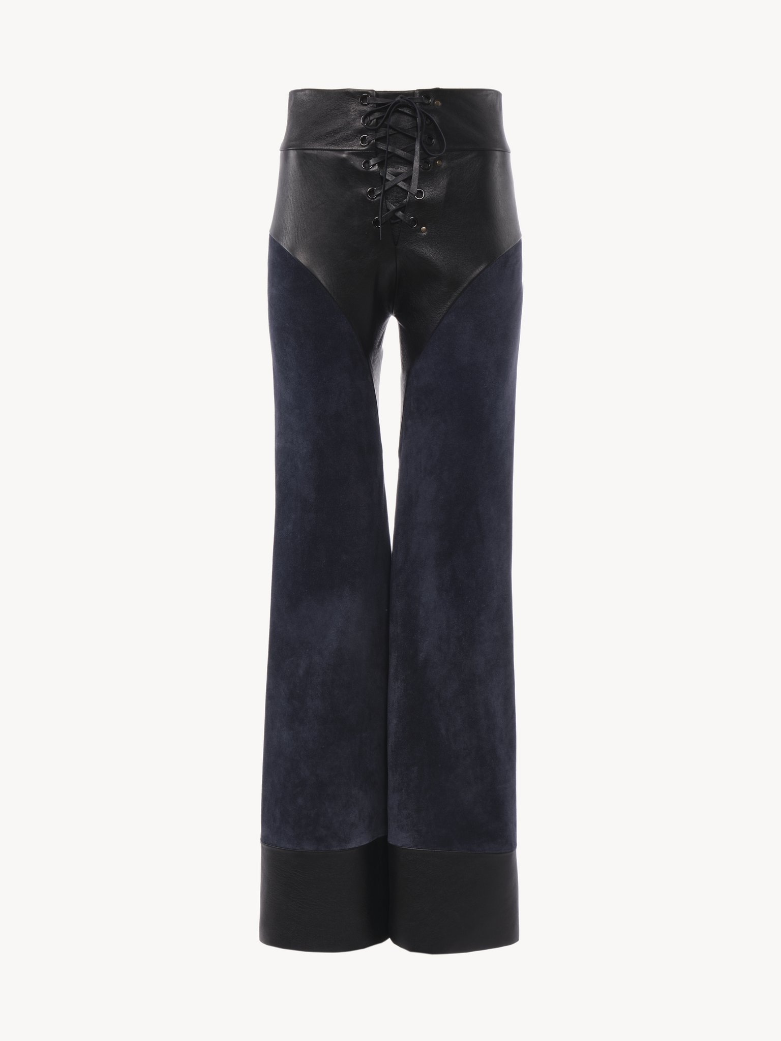 Lace-up flared patchwork trousers in leather Suede calfskin & nappa leather
Evening Blue