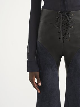 Lace-up flared patchwork pants in leather Suede calfskin & nappa leather
Evening Blue 