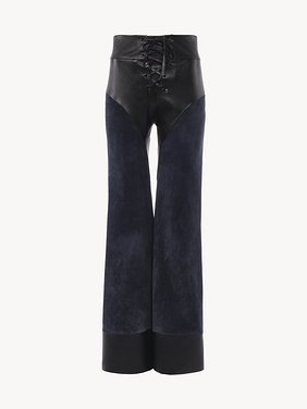 Lace-up flared patchwork pants in leather Suede calfskin & nappa leather
Evening Blue