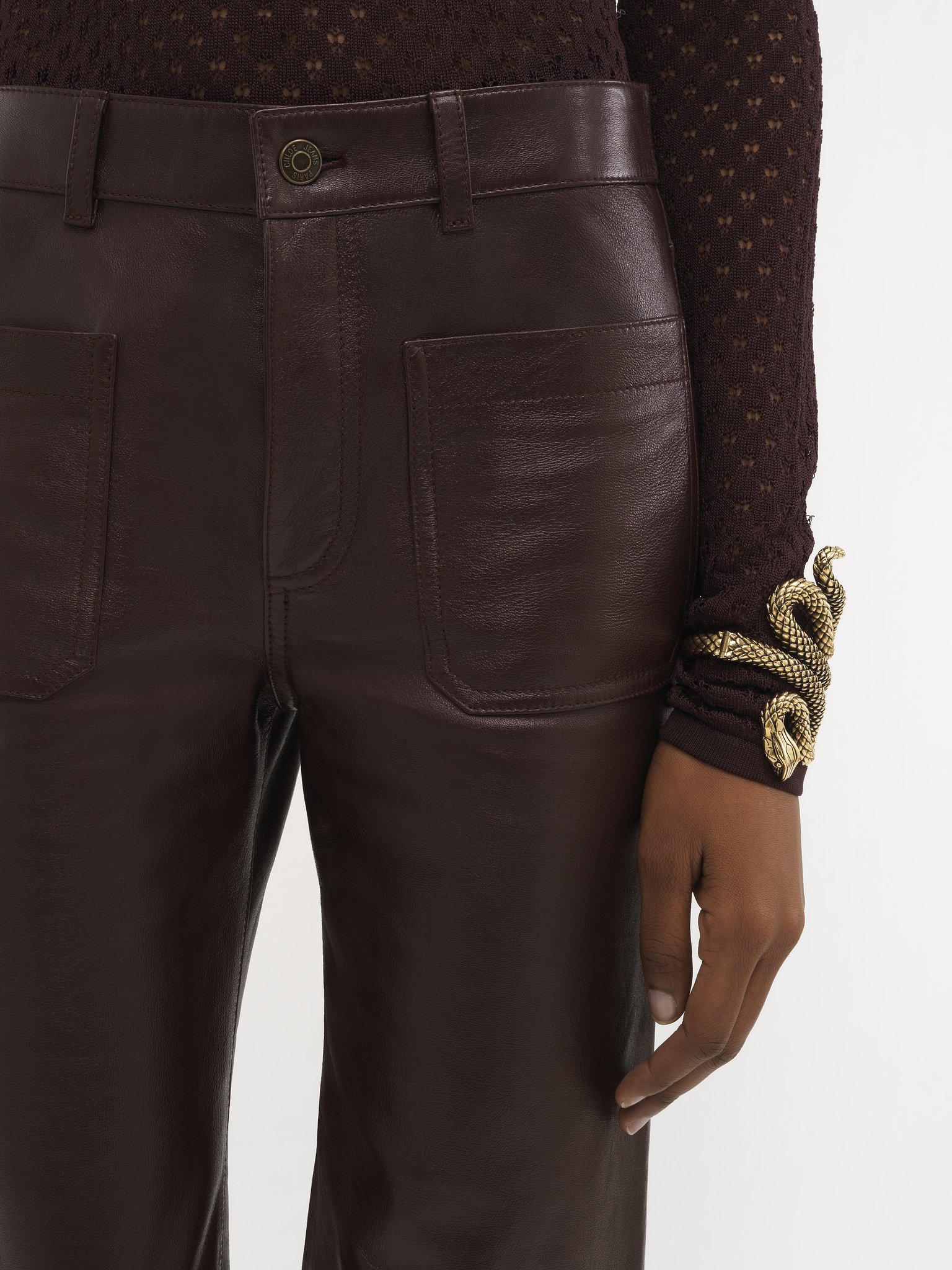 Cropped bootcut trousers in classic nappa leather Classic nappa leather
Deep Mahogany Front view of the product being worn