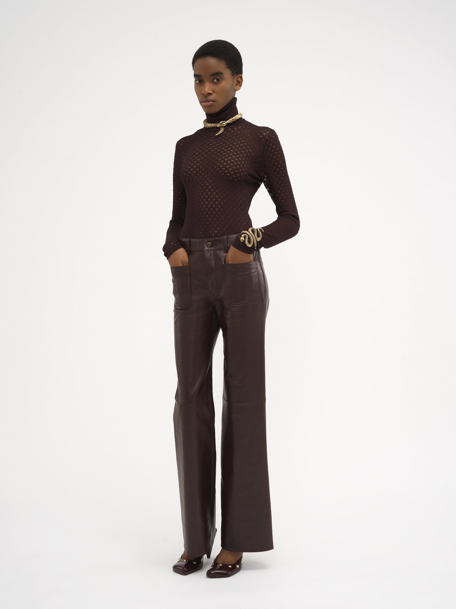 Cropped bootcut trousers in classic nappa leather Classic nappa leather
Deep Mahogany Back view of the product