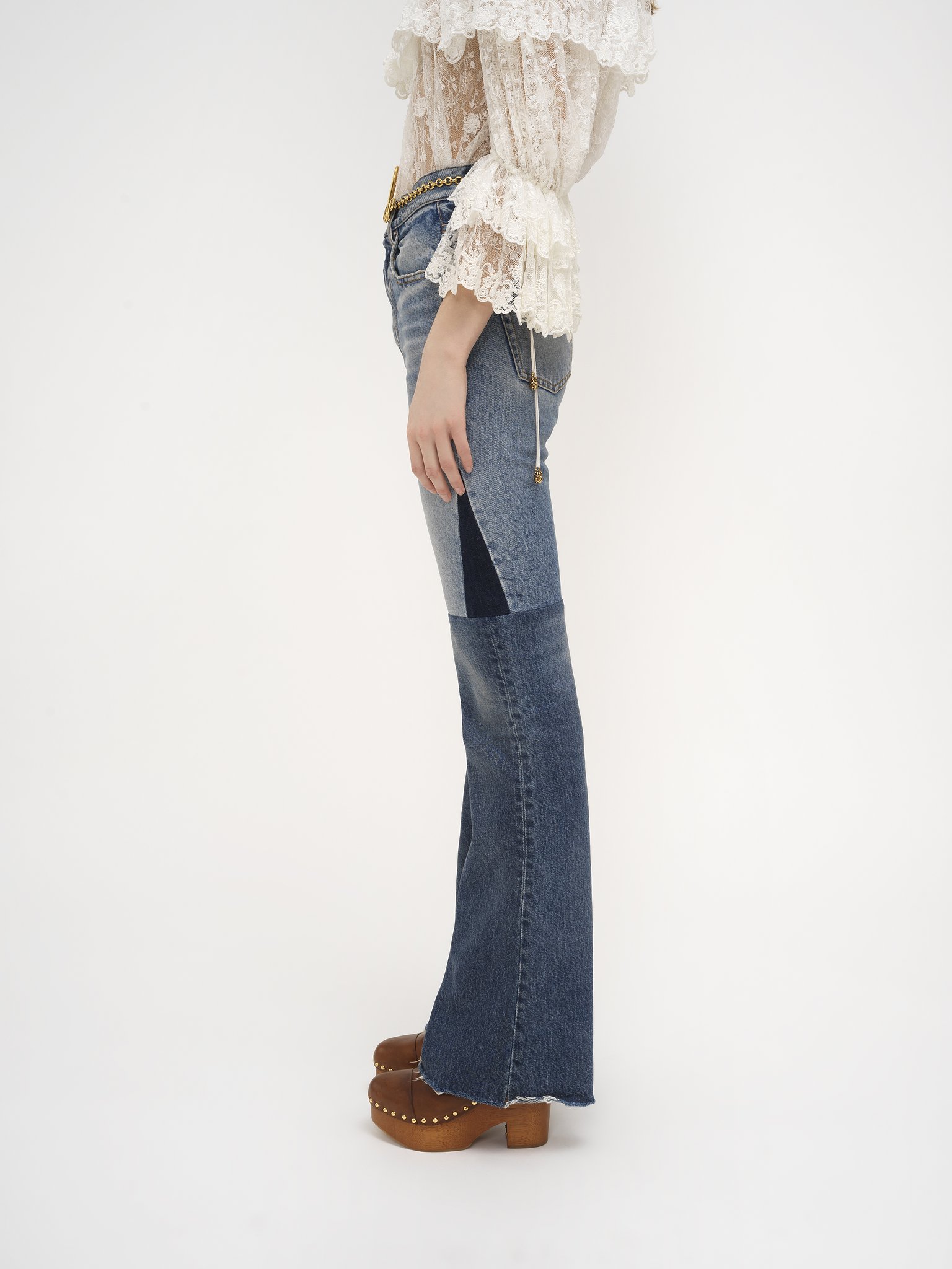 Flared patchwork jeans in denim Organic cotton denim patchwork
Blue Multicolour Front view of the product being worn