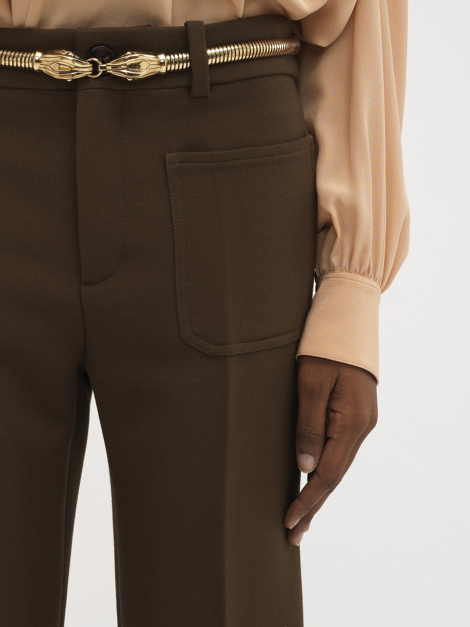 Cropped bootcut pants in cavalry wool Brushed cavalry wool
Palm Brown Front view of the product being worn