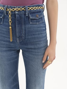 High-rise flare jeans in denim Cotton denim
Ocean blue Front view of the product being worn